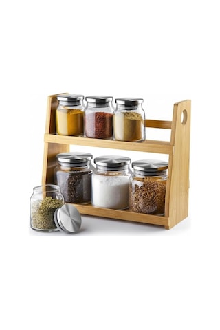 8 Parça Borosilikat Cam Baharatlık Seti 700 Ml - Paslanmaz Çelik Kapaklı Ve Bambu Kapak Sçenekli 2 Katlı Bambu Standlı Tezgah Üstü Erzak Kabı Ve Mutfak Düzenleyici Organizer Bambu Kapak Diğer