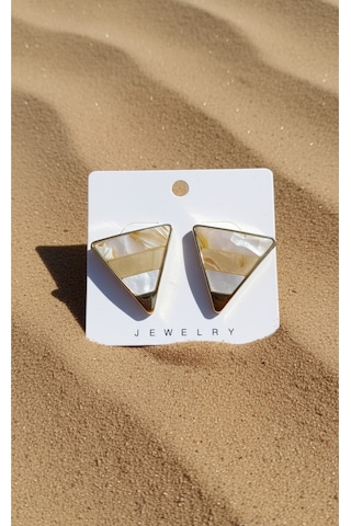 Şehrazat Handmade Çelik Üçgen Pramit Sedefli Gold Küpe Bej