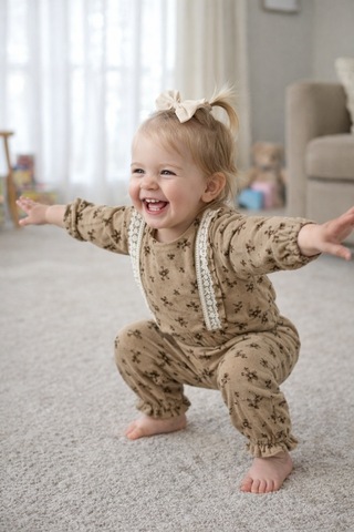Babyhola Dantel Detaylı Çiçek Desenli Müslin Bayramlık Kız Bebek Takım Üst Ve Pantolon İkili Set 2009 Kahverengi