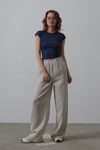 Çizgili Pamuklu Lastikli Pantolon - Bej-lacivert Bej - Lacivert