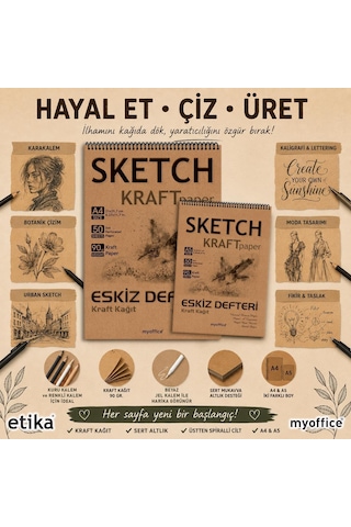 Lexroo Etika Kraft Eskiz Defteri A5-90 Gr Doğal Kağıt, Spiralli, 50 Yaprak Sketchbook Çok Renkli