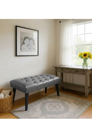 Waterybrook Bench Bank Puf - Suni Deri - Siyah Ahşap Ayaklı - Retro Modern Tasarım & Dekoratif Sehpa Gri