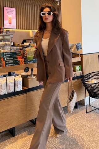 Kahverengi Keten Blazer Kadın Ceket Mg2443 Kahverengi
