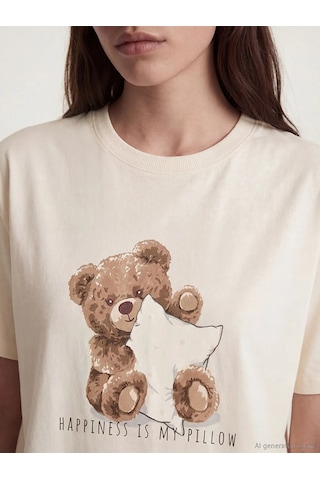 Lc Waikiki Pembe Bisiklet Yaka Ayı Teddy Baskılı Kadın Gecelik
