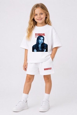 Fasardi Manifest Girls Mina Baskılı Oversize %100 Pamuk Tişört Şort 2li Çocuk Takım Beyaz