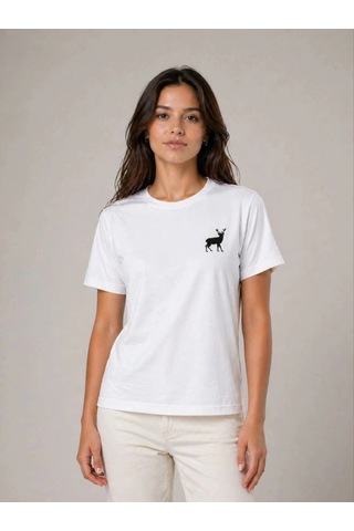 Freedom Storee Kadın Minimal Geyik Logolu Tişört Bisiklet Yaka Kısa Kol Yazlık T-shirt - Beyaz Çok Renkli