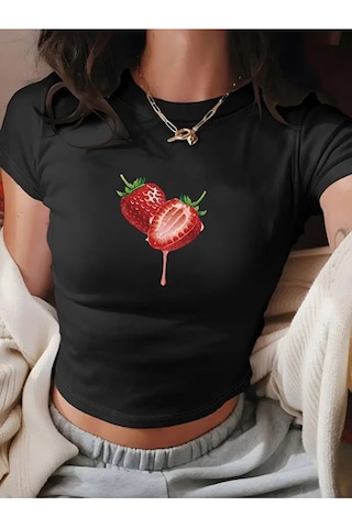 Nevermind Kadın Crop Baby Tee Çilek Baskılı Dar Kesim %100 Pamuk Y2k Estetik Tişört Siyah