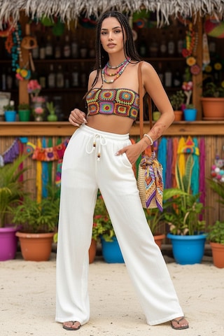 Fashion Cocktail Boncuk İp Bel Lastikli Cepli Doğal Nefes Alan Yazlık Baharlık Bohem Hippi Bol Kesim Müslin Pantolon Beyaz