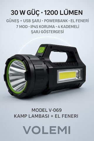 Volemi V-069 Uzun Menzilli Şarjlı Kamp Lambası El Feneri Deprem, Acil Durum, Bahçe Ve Kamp Kullanımı Siyah