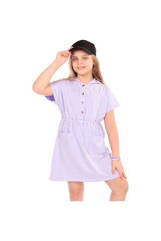 Toontoy Kız Çocuk Beli Lastikli Önü Çıtçıtlı Kapüşonlu Elbise Mavi