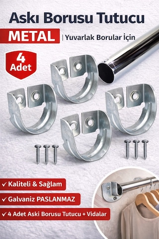 Krom Oval Boru Askı Flanşı Gardırop Dolap İçi Askılık Boru Aparatı Mobilya Uyumlu 4 Adet Set Gümüş