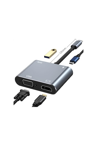 Speeduf Type-c 4 In 1 4k Hdmı Vga Usb 3.0 Type-c Şarj Girişli