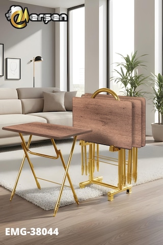 Eranş Serisi 4'lü Katlanır Mdf Mebran Ahşap Çanta Zigon Sehpa Gold Ayak Koyu Ahşap Desen Gold Ayak