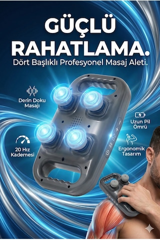 4 Başlıklı Masaj Tabancası - Ergonomik Derin Doku Sırt Ve Boyun Masaj Aleti Ağrı Ve Sızı Giderici Çok Renkli