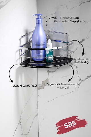 2’li Kancalı Yapışkanlı Banyo Duş Köşe Rafı – Ayarlanabilir Kristal Raf (Yapıştır/Vidala) Krom-Siyah - LK-01 - KS