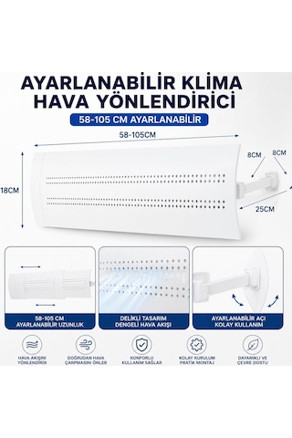 Ayarlanabilir Klima Hava Yönlendirici 58-105 Cm Split Klima Hava Deflektörü, Delikli Siperlik, Klima Çarpma Önl