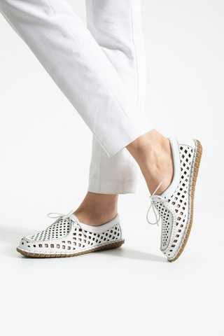 Dabab Shoes Vırena Kadın Beyaz Hakiki Deri File Bağcıklı Düz Taban Yazlık Babet Loafer Ayakkabı