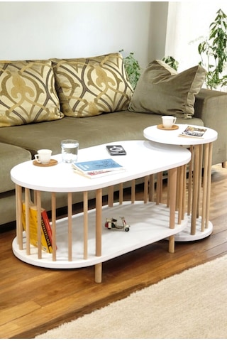 İkili Set Orta Sehpa Ahşap Ayaklı Sehpa İki Raflı Sehpa Dekoratif Sehpa Gazetelikli Beyaz - Beyaz