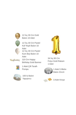 2 Yaş Pompa Hediyeli Doğum Günü Seti Gold Banner Krom Gold Küf Yeşili Kum Beji Balonlar Gold Folyo Rakam Çok Renkli