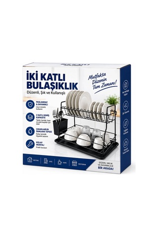 Siyah - Metal 2 Katlı Tabaklık - Bulaşıklık 5468 Çok Renkli