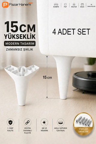 Modern Plastik Mobilya Ayağı - 4'lü Set Kanepe Koltuk Baza Puf Ayağı Beyaz + Vidalar Dahil