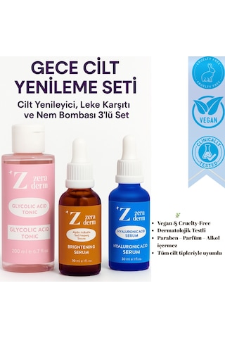 3 Lü Gece Cilt Yenileme Seti Glikolik Tonik + Leke Serumu + Hyaluronik Asit