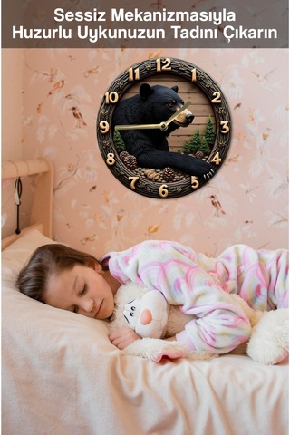 Sessiz Yuvarlak Ahşap Duvar Saati, Kuvars Ayı Desen 2d Sdw029 Renkli