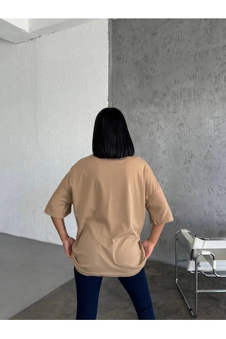 Wear Vexel Kadın Düz T-shirt Kısa Kol Bisiklet Yaka Oversize Rahat Kalıp Günlük Tişört - Bej Bej