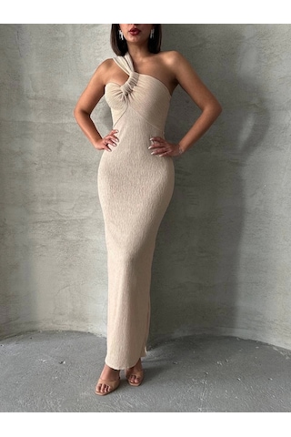 Tek Omuz Pliseli Elbise Bej