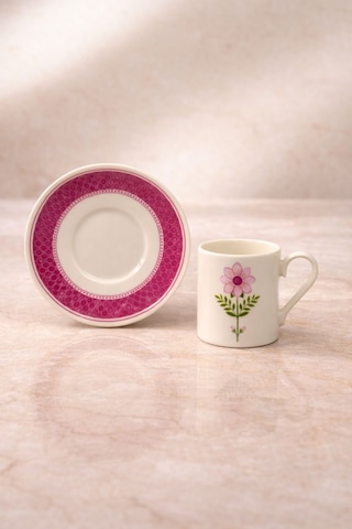 2 Kişilik Porselen Mor Papatya Desenli Kahve Fincan Takımı Seti 90ml Beyaz