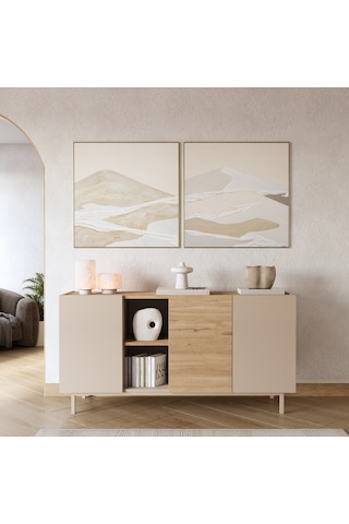Robin Home Luka Konsol 3 Kapaklı Raflı Ahşap Ayaklı 150cm Kumsal-sepet Bej