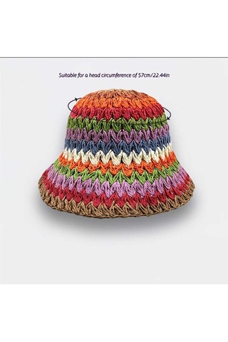 Tezzgelsin Kadın Hasır Bucket Şapka Zikzak Desenli Crochet Yazlık Plaj Şapkası Bej