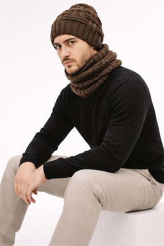 Gönülden Tasarım El Örgüsü Yumuşak Yün Erkek Bere Boyunluk Takım Unisex Kahverengi
