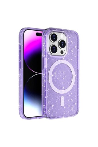 Apple Uyumlu iPhone 15 Pro Kılıf M-safe Şarj Özellikli Parlayan Simli Saydam Renkli Zore Allstar Kapak Mor