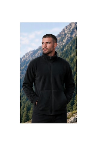 Givoria Erkek Kışlık Fermuarlı Cepli Polar Hırka Outdoor Siyah Siyah