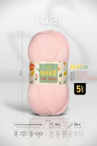 Elit Baby - 2892 Soft Pembe - 5'li Paket - 100gr/250m - Bebek İpi - Anti Pilling Tüylenmez İp