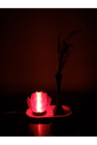 Beyaz Stantlı Şeffaf Kırmızı Lotus Çiçeği ,mumluk, Siyah Vazo