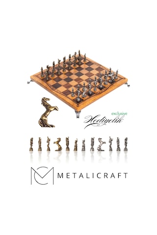 Mc97 - Çin Antik Figürlü Metal Taşlar 30x30cm Gerçek Kayın Tahtası - Hediyelik Satranç Takımı