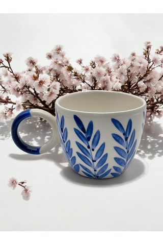 Seramik Kupa Bardak Mavi Yapraklı Tasarım