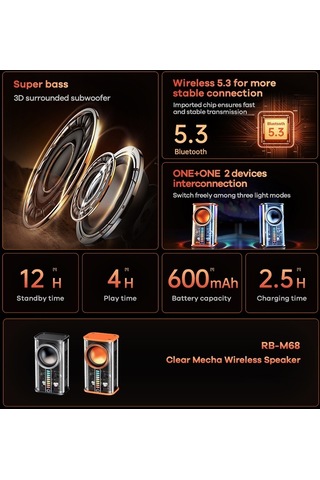 Remax RB-M68 Clear Mecha Kablosuz Hoparlör