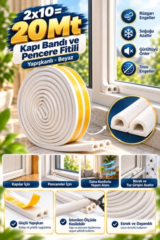 Kapı Bantı Ve Pencere Fitili Bandı Yapışkanlı Beyaz 2 x 10 M