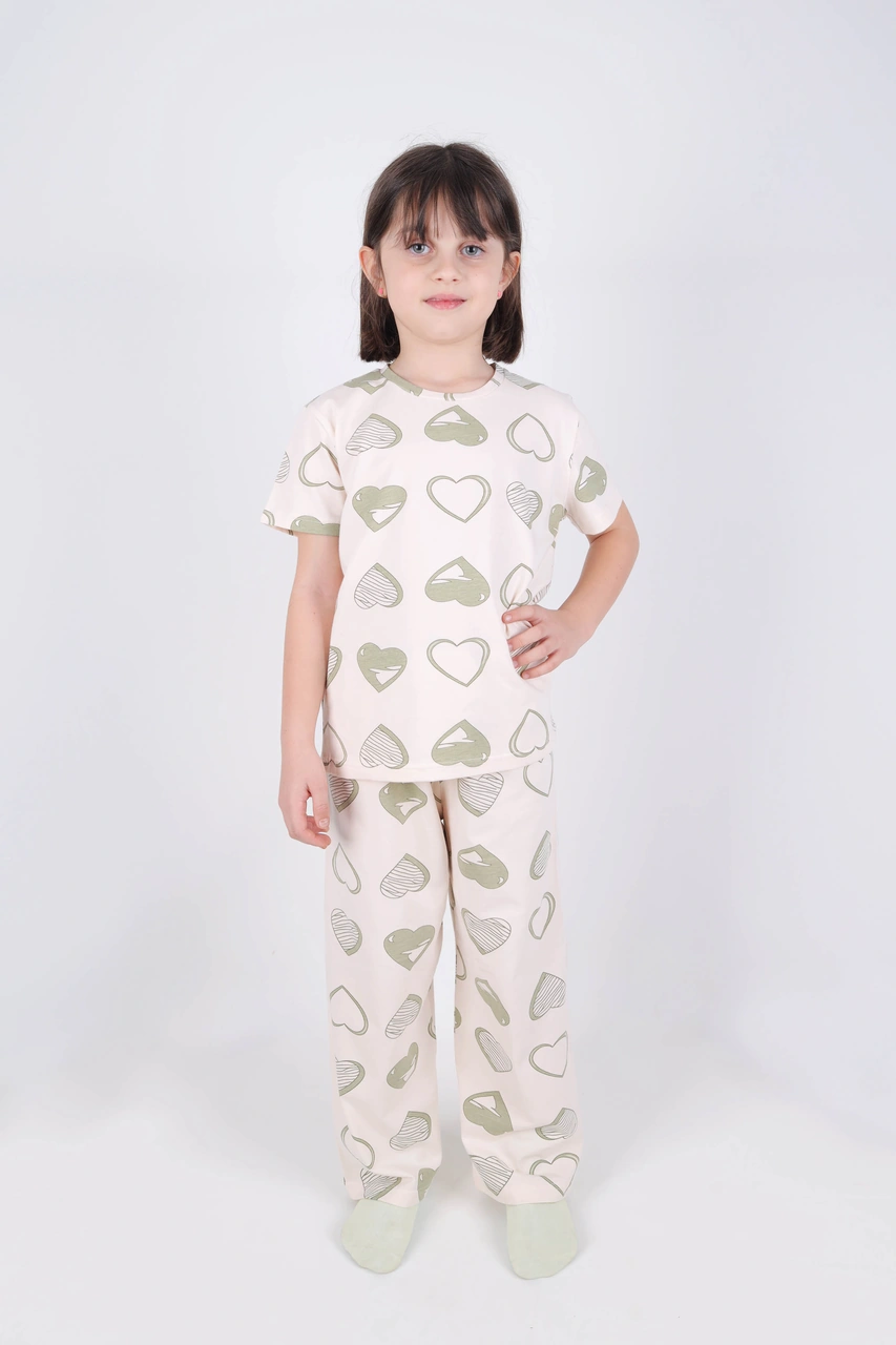 Kız Çocuk Pamuklu Kalpli Desenli Pijama Takımı Kc30102 Ekru - Yeşil