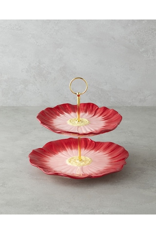 English Home Flowerella Dolomite Katlı Servis 21+26 Cm Kırmızı-pembe