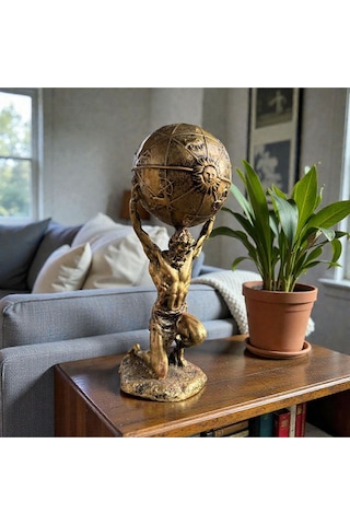 Atlas Heykeli Dünya Küreli Dekoratif Biblo Mitolojik Tasarım 20 Cm Antik Bronz Görünüm