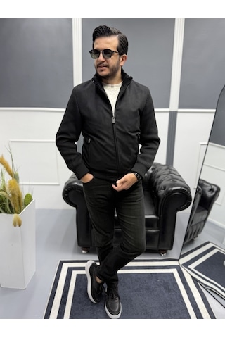 Avni Ceylan Erkek Nubuk Triko Kol Detaylı Slim Fit Mont Siyah