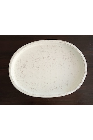 Orion Serisi El Yapımı Kırılmaz Oval Sunum Tepsisi 23x30 Cm - Eskitme Beyaz