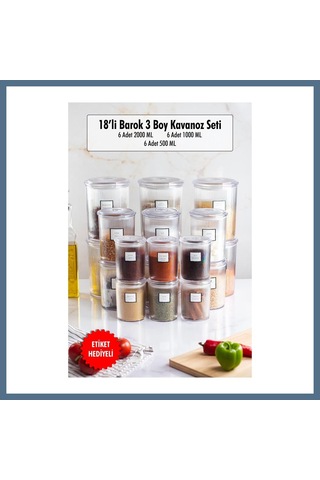Buradabulabilirsin 18'li Barok Yuvarlak 3 Boy Kavanoz Seti & Saklama Kabı & Erzak Kabı 6 2000 Ml, 6 1000 Ml ,6 500 Ml Bbz