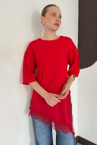 Verymoda Dantel Ve Saten Detaylı Asimetrik Tişört D2942 Kirmizi