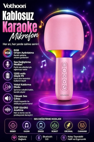 Zenvia Çocuk Ve Yetişkin Karaoke Mikrofonu Kablosuz Rgb Ambiyans Işığı Ses Değiştirme Modlu Hoparlör Znv2026