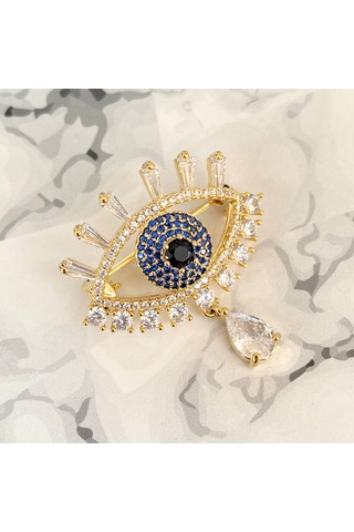 Broş Kadın Zirkon Taşlı Nazar Göz Broş Gözyaşı Yaka İğnesi Gold